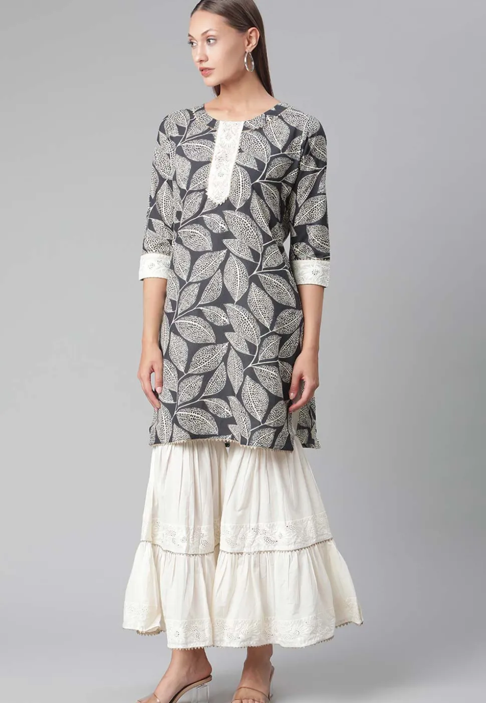 Printed Cotton Pakistani Suit in Dark Grey and Off White