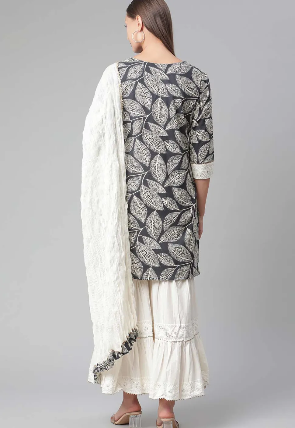Printed Cotton Pakistani Suit in Dark Grey and Off White