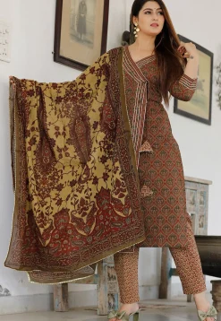 Printed Cotton Pakistani Suit in Dark Olive Green and Maroon