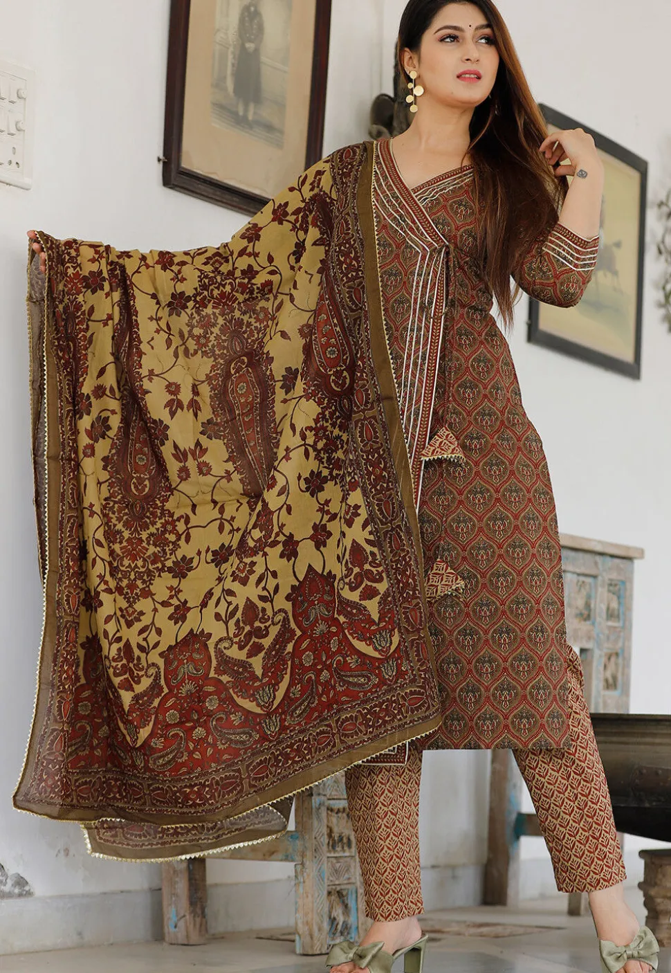Printed Cotton Pakistani Suit in Dark Olive Green and Maroon