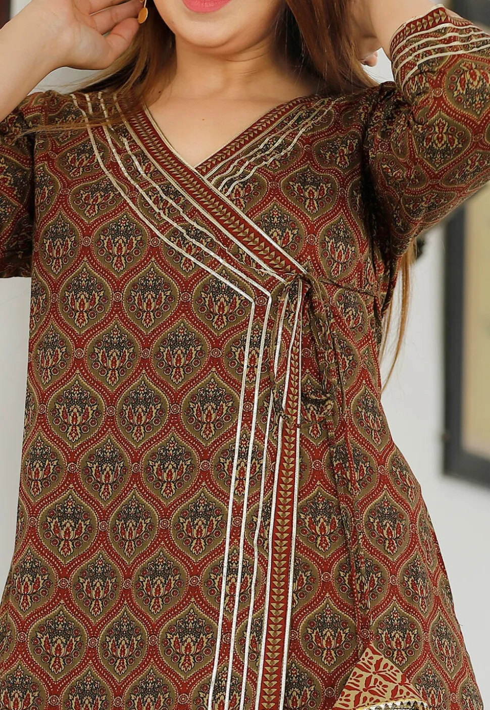Printed Cotton Pakistani Suit in Dark Olive Green and Maroon