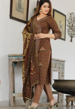 Printed Cotton Pakistani Suit in Dark Olive Green and Maroon