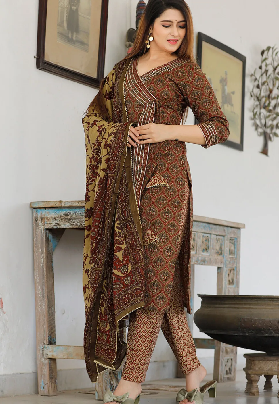 Printed Cotton Pakistani Suit in Dark Olive Green and Maroon