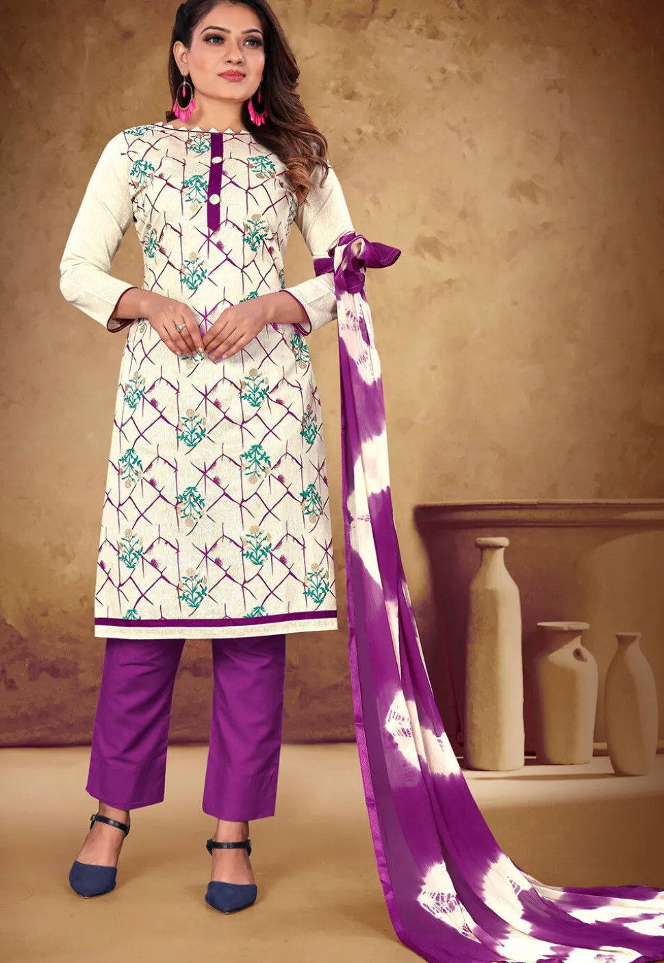 Printed Cotton Pakistani Suit in Off White