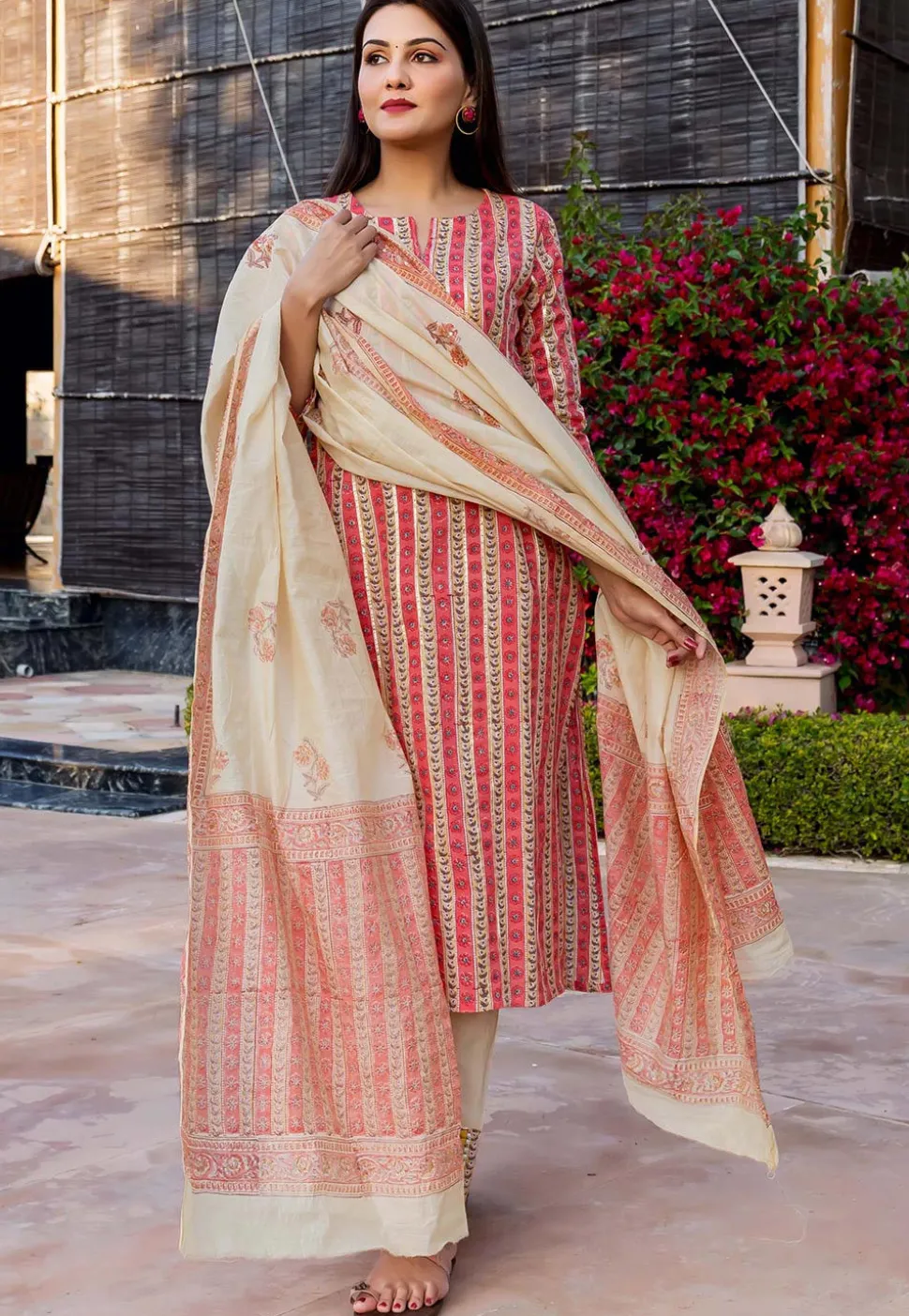 Printed Cotton Pakistani Suit in Pink and Beige