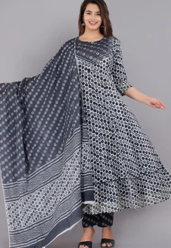 Printed Cotton Pakistani Suit in Grey and Off White