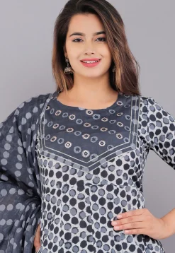 Printed Cotton Pakistani Suit in Grey and Off White