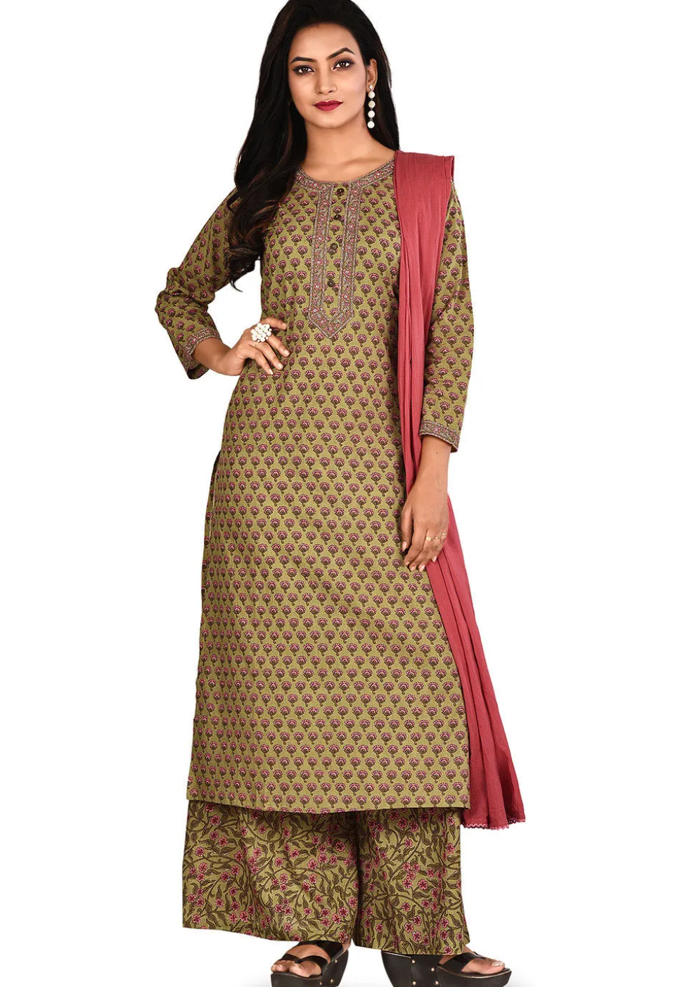 Printed Cotton Pakistani Suit in Olive Green