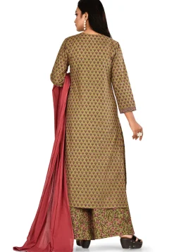Printed Cotton Pakistani Suit in Olive Green
