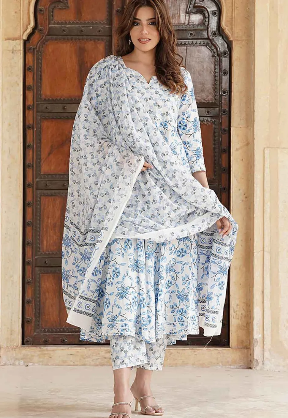 Printed Cotton Pakistani Suit in White