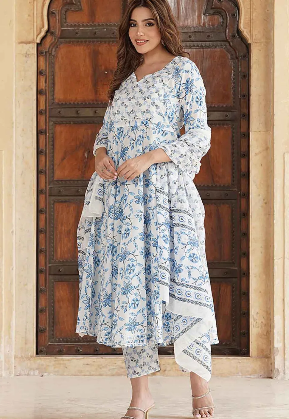 Printed Cotton Pakistani Suit in White