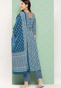 Printed Cotton Pakistani Suit in Teal Blue