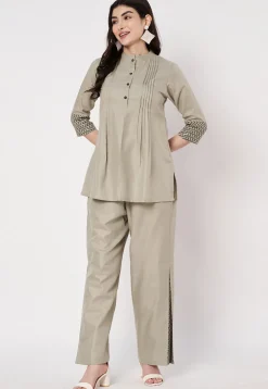 Printed Cotton Pallazo in Light Grey