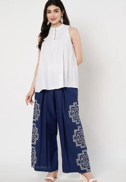 Printed Cotton Pallazo in Navy Blue