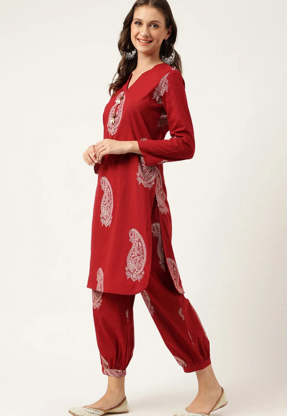 Printed Cotton Punjabi Suit in Maroon