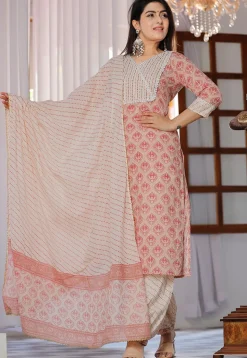 Printed Cotton Punjabi Suit in Peach Pink