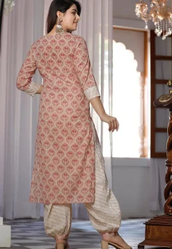 Printed Cotton Punjabi Suit in Peach Pink