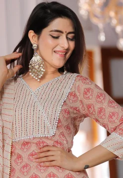 Printed Cotton Punjabi Suit in Peach Pink