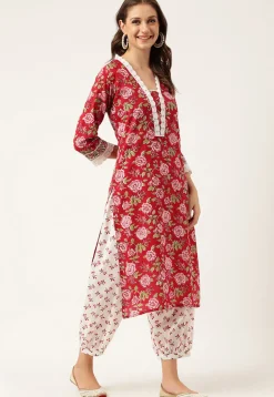 Printed Cotton Punjabi Suit in Maroon