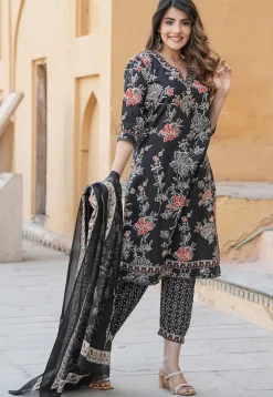 Printed Cotton Punjabi Suit in Black