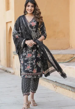 Printed Cotton Punjabi Suit in Black