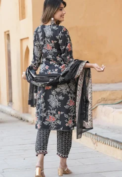 Printed Cotton Punjabi Suit in Black