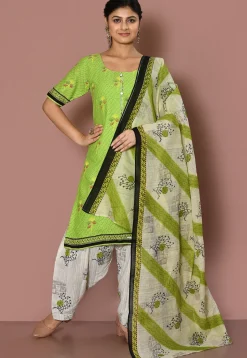Printed Cotton Punjabi Suit in Light Green