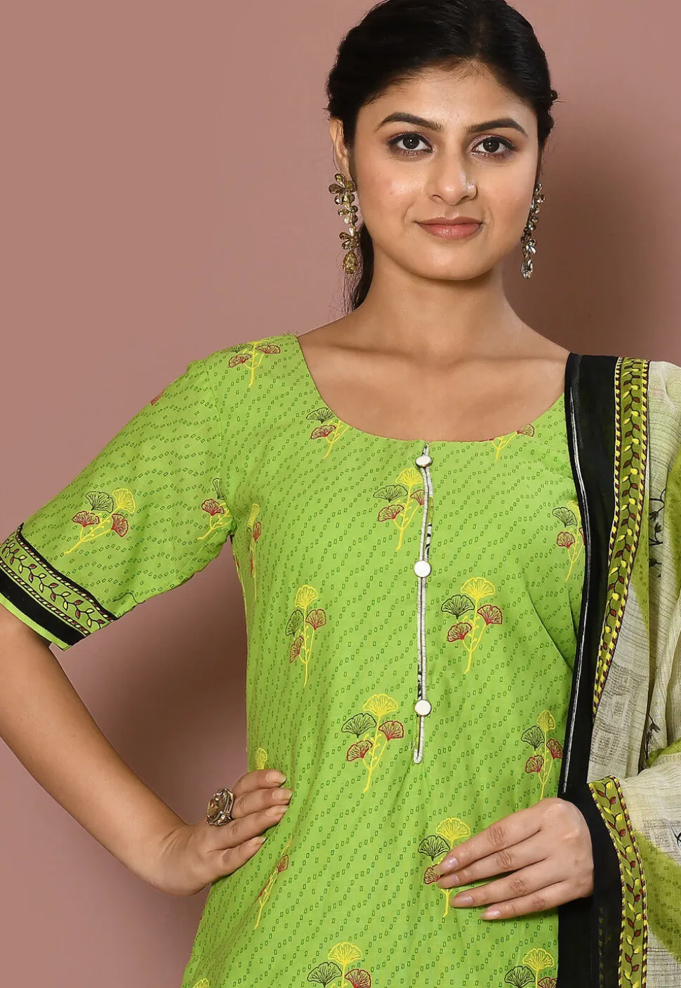 Printed Cotton Punjabi Suit in Light Green