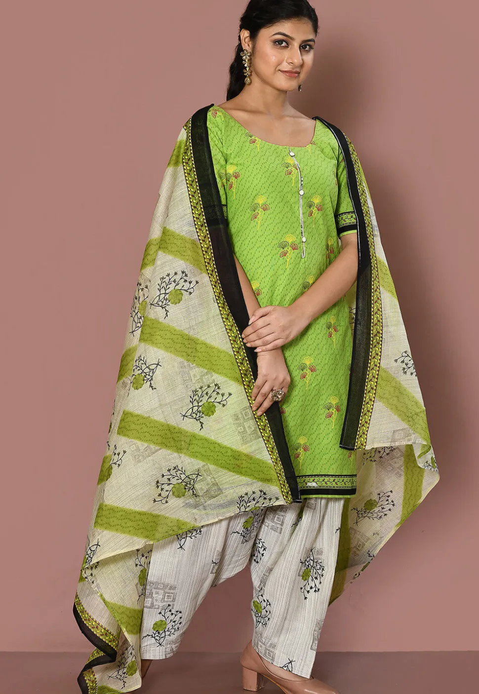 Printed Cotton Punjabi Suit in Light Green