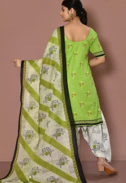 Printed Cotton Punjabi Suit in Light Green