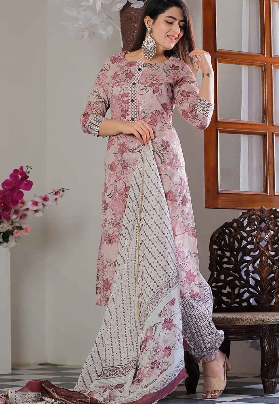 Printed Cotton Punjabi Suit in Pink