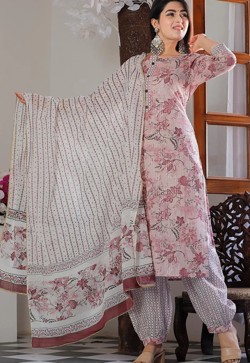 Printed Cotton Punjabi Suit in Pink