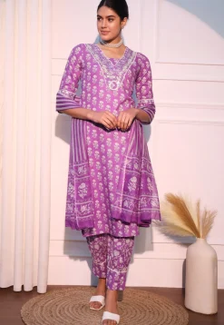 Printed Cotton Punjabi Suit in Light Purple