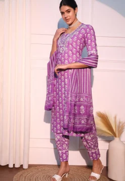 Printed Cotton Punjabi Suit in Light Purple