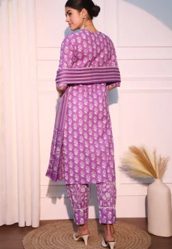 Printed Cotton Punjabi Suit in Light Purple