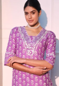 Printed Cotton Punjabi Suit in Light Purple