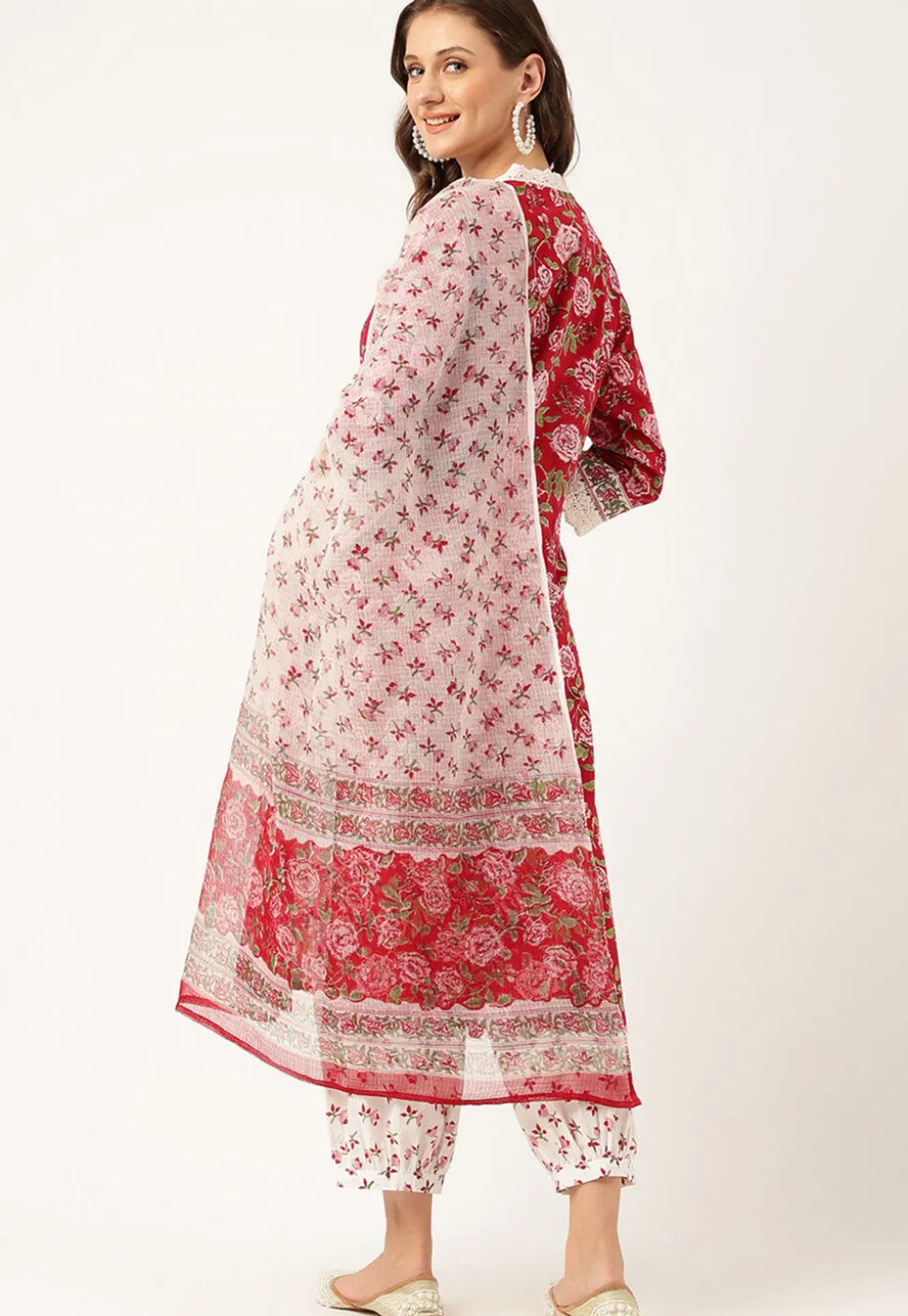 Printed Cotton Punjabi Suit in Maroon