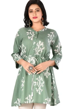 Printed Cotton Rayon Kurta in Dusty Green