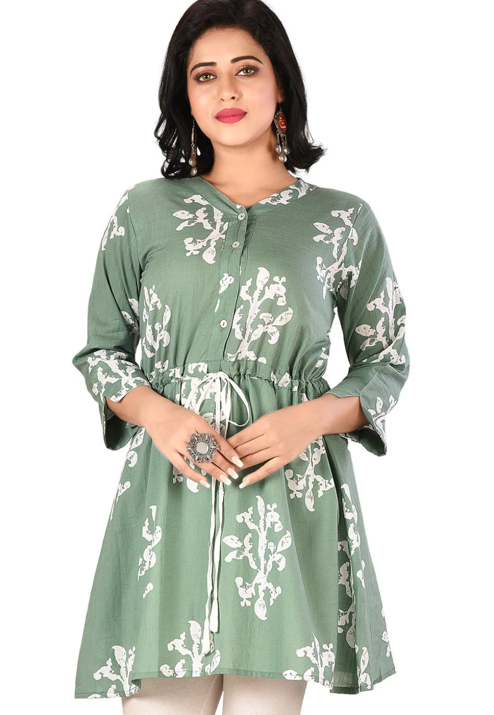 Printed Cotton Rayon Kurta in Dusty Green