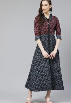 Printed Cotton Rayon Midi Dress in Black
