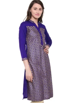 Printed Cotton Rayon Straight Kurta in Dark Blue