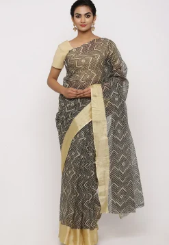 Printed Cotton Saree in Black and Beige