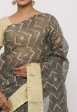 Printed Cotton Saree in Black and Beige