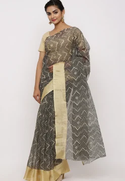 Printed Cotton Saree in Black and Beige