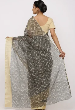 Printed Cotton Saree in Black and Beige