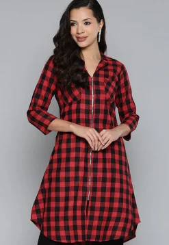 Printed Cotton Shirt Style Tunic in Red