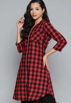Printed Cotton Shirt Style Tunic in Red