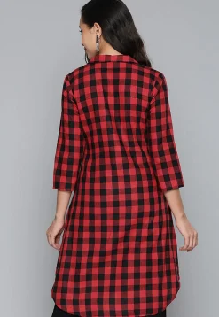 Printed Cotton Shirt Style Tunic in Red