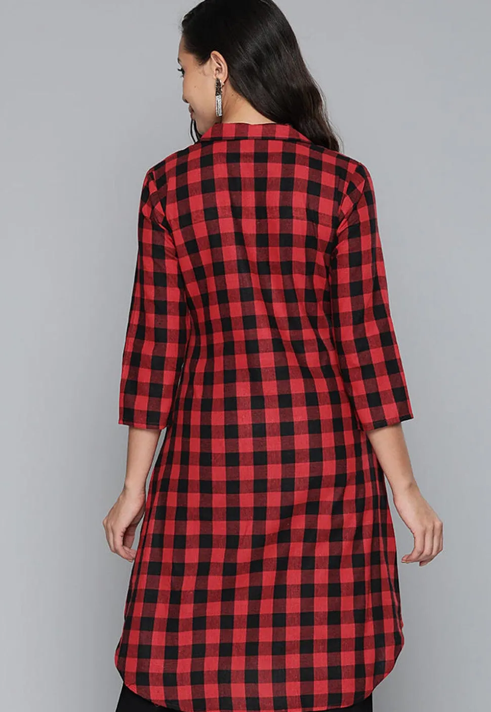 Printed Cotton Shirt Style Tunic in Red