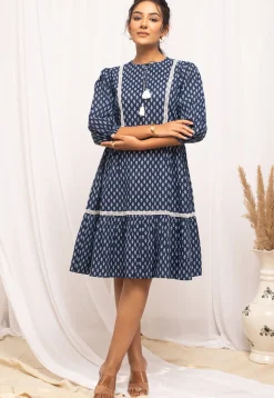 Printed Cotton Short Dress in Navy Blue